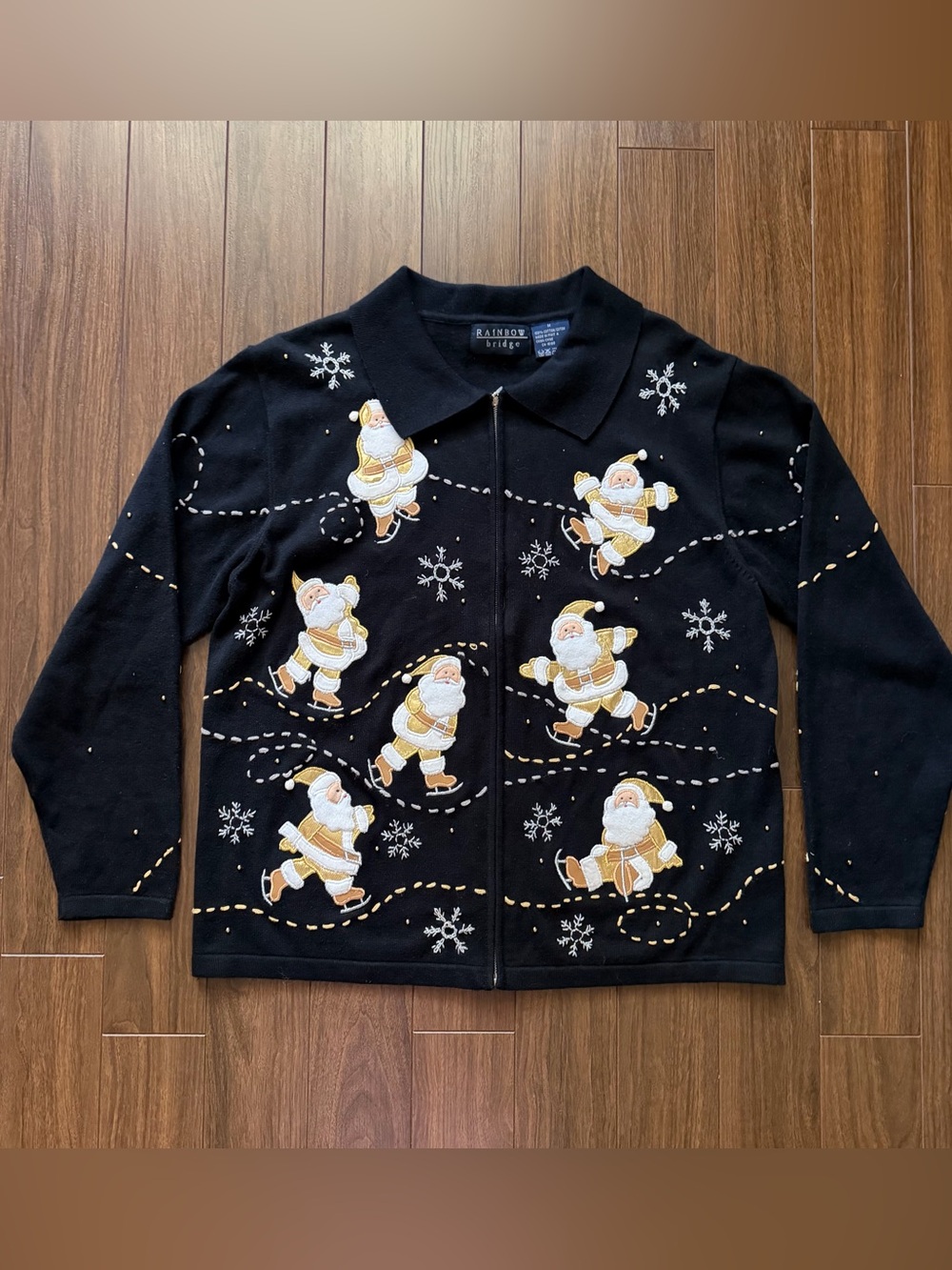 Rainbow Bridge Santa Skating Zip-Up Holiday Cotton Knit Jacket size M women’s